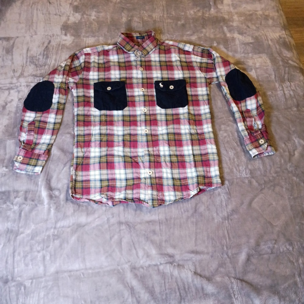 Polo Ralph Lauren Mens M Custom Fit Plaid Flannel Shirt Corduroy Elbow Patch Red